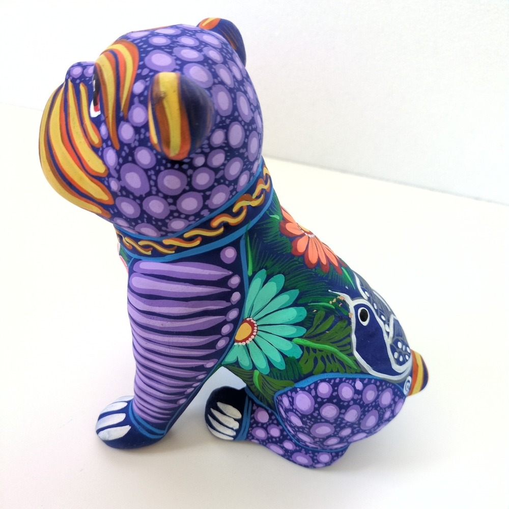 Mexican Folk Art Bulldog Alebrije Style Hand Painted Oaxacan Floral 8" VTG Decor - Picture 3 of 9